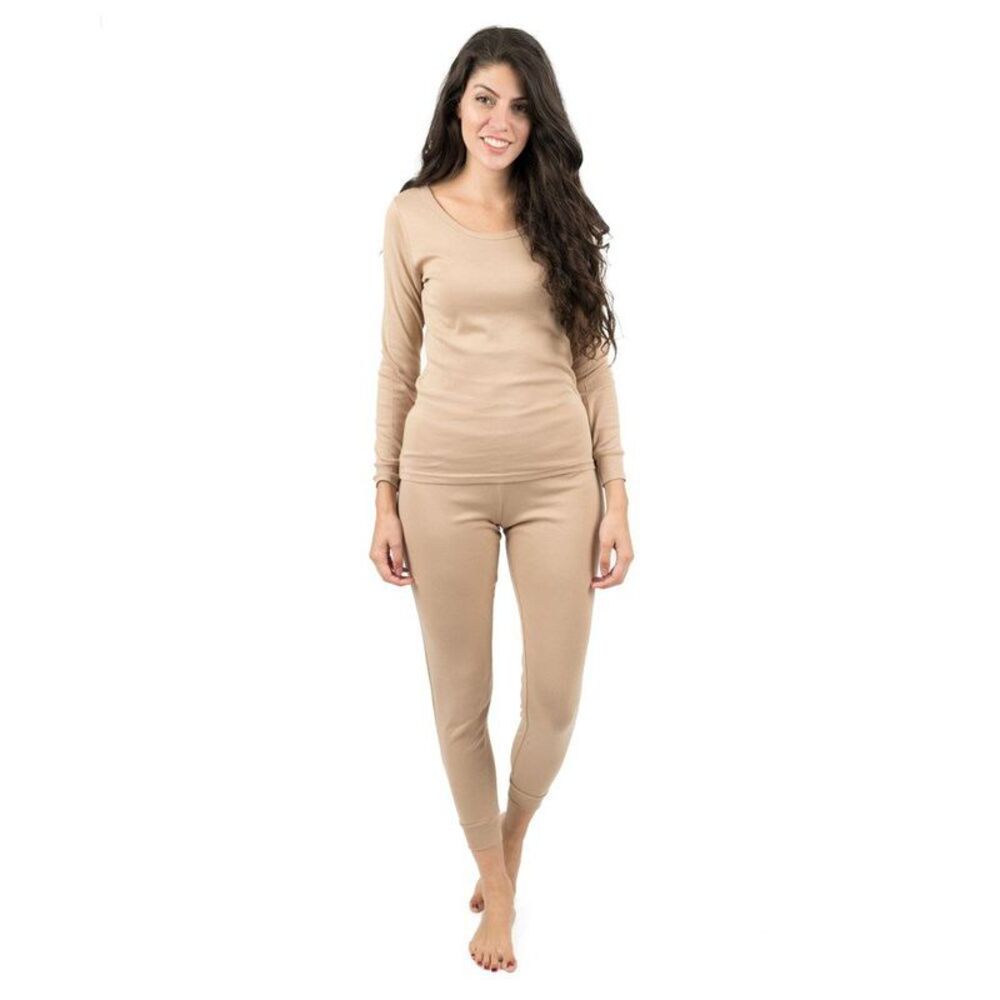 LEVERET -  Womens Two Piece Cotton Pajamas Solid Beig Beige